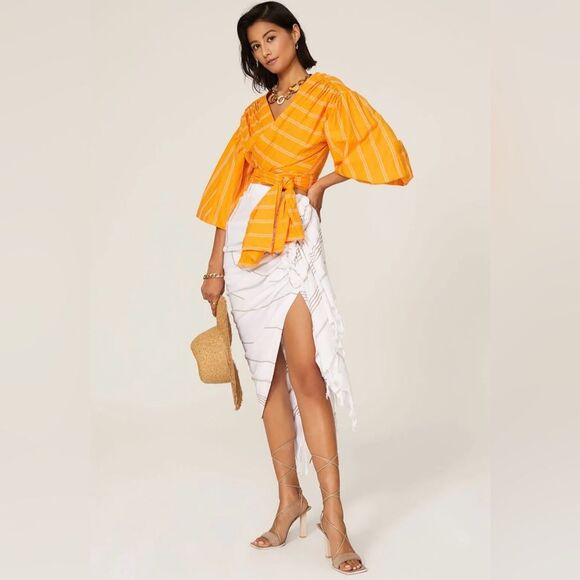 Acler Tops - Acler Wyatt Blouse Orange White Stripe Wrap Puff Sleeve Tie Size 2